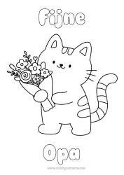 Gratis kleurplaat Bloemen Kat Fijne verjaardag Kawaii Feest Dier Eenvoudige kleurplaten Honden en katten Boeket