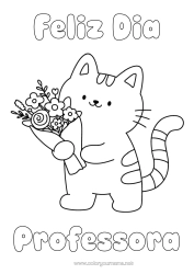 Desenho grátis Flores Gato Feliz Aniversário Kawaii Festa Animal Desenhos para colorir fáceis Cães e gatos Buquê