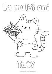 Pagină de colorat gratuită Flori Pisică La mulți ani! Drăguț Sărbătoare Animal Desene de colorat ușoare Câini și pisici Buchet