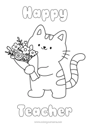 Free coloring Flowers Cat Happy feast day ! Kawaii Party Animal Easy coloring pages Dog and cat Bouquet