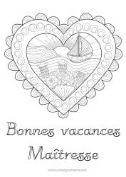 Coloriage gratuit Coeur Méduse Mer Véhicules Bateau Doodle Zentangle Animaux marins ou aquatique Véhicules maritimes