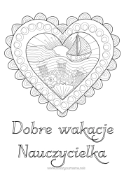 Kolorowanka za darmo Serce Meduza Morze Pojazdy łódź Doodle Zentangle Zwierzęta morskie lub wodne Pojazdy morskie