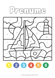 Pagină de colorat personalizată Desene Magice De Colorat Activități Pentru Copii Barcă Vapor Cu Pânze Desene De Colorat Ușoare Far Vehicule Maritime Colorare După Numere Cu Un Zar.