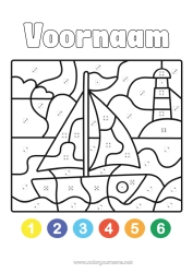 Gratis kleurplaat Kleuren op nummer Activiteiten voor Kinderen Boot Zeilschip Eenvoudige kleurplaten Vuurtoren Maritieme voertuigen Kleurplaat op nummer met een dobbelsteen.