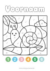 Gratis kleurplaat Kleuren op nummer Activiteiten voor Kinderen Dier Slak Eenvoudige kleurplaten Kleurplaat op nummer met een dobbelsteen.