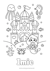 Kolorowanka za darmo Zamek Uroczy Meduza Morze Syrena Hippokamp. Bajka Muszle Zwierzęta morskie lub wodne