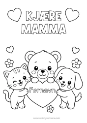 Fargeleggingssiden å tilpasse Hjerte Katt Mamma God Fest! Søt Hund Bjørnung. Hunder Og Katter Skogsdyr