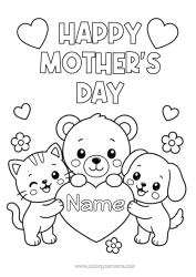 Free coloring Heart Cat Mum Happy feast day ! Kawaii Dog Teddy Bear Dog and cat Forest animals
