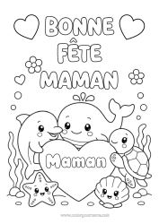 Coloriage gratuit Coeur Maman Bonne fête Fête Tortue Baleine Dauphin Coquillages Animaux marins ou aquatique Reptiles Tortue marine