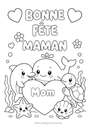 Free coloring Heart Mum Happy feast day ! Party Turtle Whale Dolphin Sea Shell Marine or aquatic animals Reptiles Sea Turtle