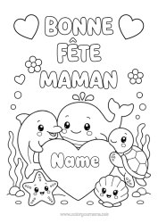 Free coloring Heart Mum Happy feast day ! Party Turtle Whale Dolphin Sea Shell Marine or aquatic animals Reptiles Sea Turtle