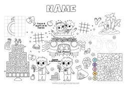 Free coloring Coloring by numbers Children's activities Ring Labyrinth Symmetry Printable Placemat Spot the Differences Marriage Bride