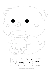 Free coloring Cat Children's activities Animal Drinks Easy coloring pages Trace and color Dog and cat Bubble tea