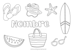 Colorear para personalizar Vacaciones Verano Sombrero Frutas Simbolos Chanclas Estrella de mar Surf Animales marinos o acuáticos Sandía Deportes náuticos Gafas de sol