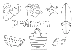 Coloriage à personnaliser Vacances Été Chapeau Fruits Symboles Tong Étoile de mer Surf Animaux marins ou aquatique Pastèque Sports nautiques Lunettes de soleil