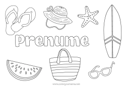 Pagină de colorat gratuită Vacanțe Vara Pălărie Fructe Simboluri Papuci Stea de mare Surf Animale marine sau acvatice Pepene verde Sporturi nautice Ochelari de soare