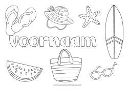 Kleurplaat aanpassen Vakantie Zomer Hoed Fruit Symbolen Slippers Zeester Surfen Zeedieren Watermeloen Watersporten Zonnebril