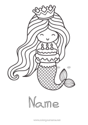 Free coloring Birthday Princess Crown Mermaid Birthday cake