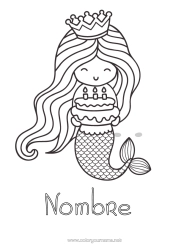 Colorear para personalizar Cumpleaños Princesa Corona Sirena Pastel de cumpleaños