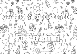 Färgläggningssida att anpassa Gåvor Födelsedag Ballonger Dekorativ bakgrund Födelsedagstårta