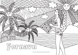 Gratis fargelegging Sol Strand Hav Palme Frukter Komplekse fargelegginger Zentangle Kokosnøtt Badedrakt Kvinne