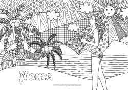 Desenho para personalizar Sol Praia Mar Palmeira Frutas Colorações Complexas Zentangle Coco Maiô Mulher