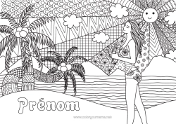 Coloriage à personnaliser Soleil Plage Mer Palmier Fruits Coloriages Complexes Zentangle Noix De Coco Maillot De Bain Femme