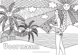 Gratis kleurplaat Zon Strand Zee Palmboom Fruit Complex Kleurplaten Zentangle Kokosnoot Badpak Vrouw