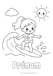 Coloriage gratuit Fille Soleil Enfant Surf Sports nautiques Vagues
