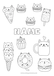 Free coloring Cat Kawaii Food Donuts Treats Ice cream Cupcake Hamburger Dog and cat Pizza