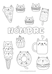 Colorear para personalizar Cat Kawaii Alimento Donuts Golosinas Helado Magdalena Hamburguesa Perros y gatos Pizza