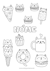 Desenho para personalizar Gato Kawaii Comida Rosquinhas Guloseimas, doces Sorvete Cupcake Hambúrguer Cães e gatos Pizza