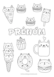 Coloriage à personnaliser Chat Kawaii Nourriture Donuts Gourmandises, sucreries Glace Cupcake Hamburger Chiens et chats Pizza