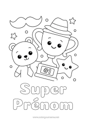 Coloriage à personnaliser Ours Kawaii Coupe, trophée, médaille Chapeau Étoiles Animaux de la forêt Compétitions et récompenses Moustache Coupe, trophé