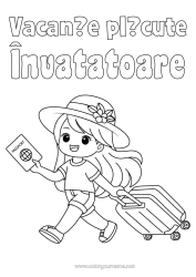 Pagină de colorat gratuită Fată Vacanțe Pălărie Valize și bagaje