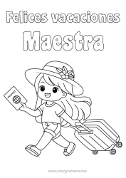 Colorear gratis Chica Vacaciones Sombrero Maletas y equipaje