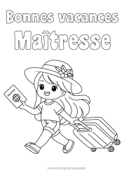 Coloriage gratuit Fille Vacances Chapeau Valises et bagages