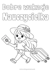 Kolorowanka za darmo Dziewczyna Wakacje Kapelusz Walizki i bagaże
