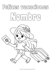 Colorear gratis Chica Vacaciones Sombrero Maletas y equipaje