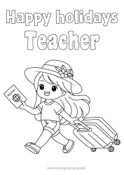 Free coloring Girl Holidays Hat Suitcases and luggage