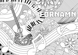 Gratis färgläggning Musik Komplexa målarbilder Zentangle Musikens dag Gitarr Piano Musikinstrumenter Dekorativ bakgrund Musiknoter
