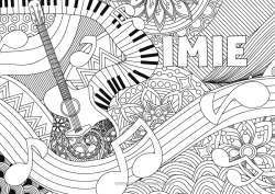 Kolorowanka za darmo Muzyka Złożone kolorowanki Zentangle Święto Muzyki Gitara Piano Instrumenty muzyczne Tło dekoracyjne Nutka