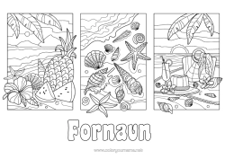 Gratis fargelegging Ferier Sommer Strand Ananas Frukter Snegler Sjøstjerne Marin eller akvatisk dyr Hibiskus