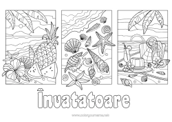 Pagină de colorat gratuită Vacanțe Vara Plajă Ananas Fructe Scoici Stea de mare Animale marine sau acvatice Hibiscus
