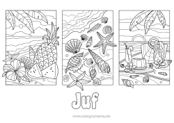 Gratis kleurplaat Vakantie Zomer Strand Ananas Fruit Schelpen Zeester Zeedieren Hibiscus