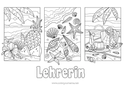 Kostenlose Malvorlage Urlaub Sommer Strand Ananas Früchte Muscheln Seestern Meeres- oder Wasserlebewesen Hibiskus