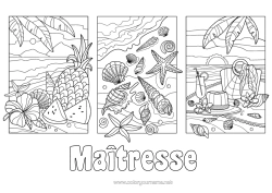 Coloriage gratuit Vacances Été Plage Ananas Fruits Coquillages Étoile de mer Animaux marins ou aquatique Hibiscus