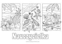 Kolorowanka za darmo Wakacje Lato Plaża Ananas Owoce Muszle Gwiazda morska Zwierzęta morskie lub wodne Hibiskus