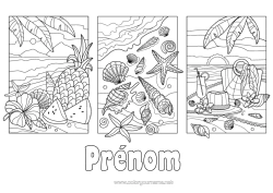 Coloriage à personnaliser Vacances Été Plage Ananas Fruits Coquillages Étoile de mer Animaux marins ou aquatique Hibiscus
