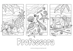 Desenho grátis Férias Verão Praia Abacaxi Frutas Conchas Estrela do mar Animais marinhos ou aquáticos Hibisco